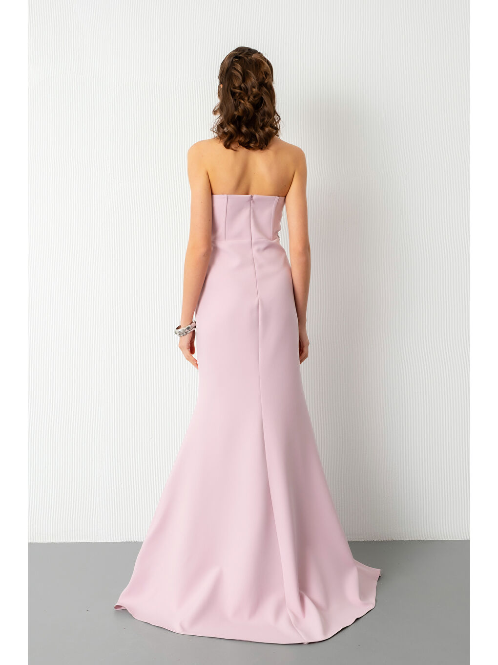 Pembe Kadın Pudra Straplez Taşlı Peplum Kesim Söz Nişan Nikah Abiye Elbise-5