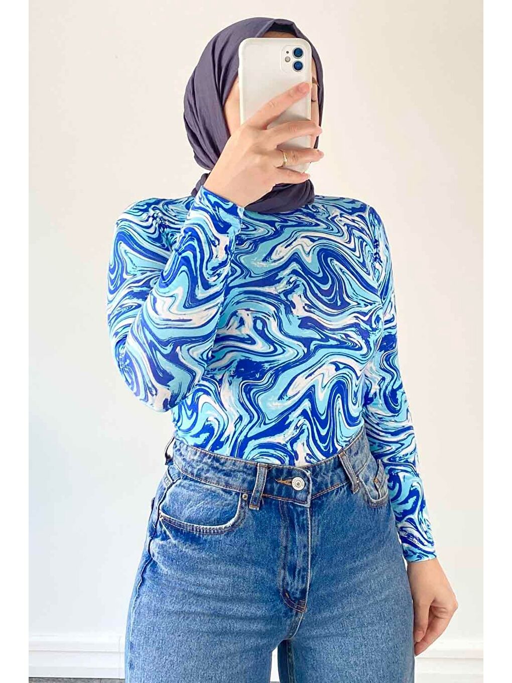 Bisiklet Yaka Ebru Desenli Body Mavi-2