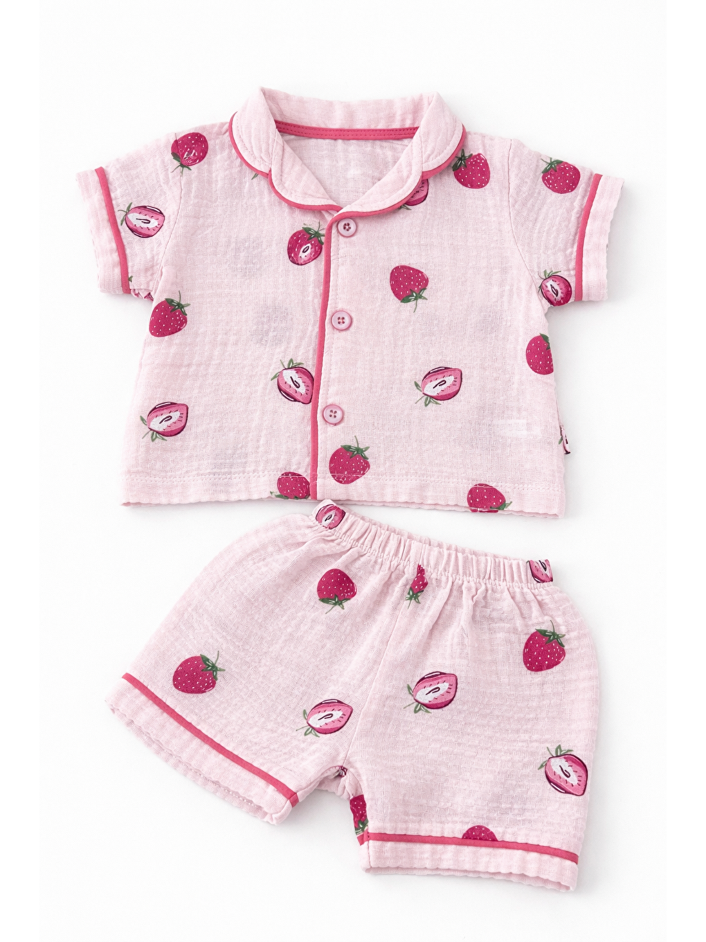 Pembe Kız Bebek Müslin Kumaş Alt-Üst Pijama Takımı 2li Takım Şortlu Yazlık