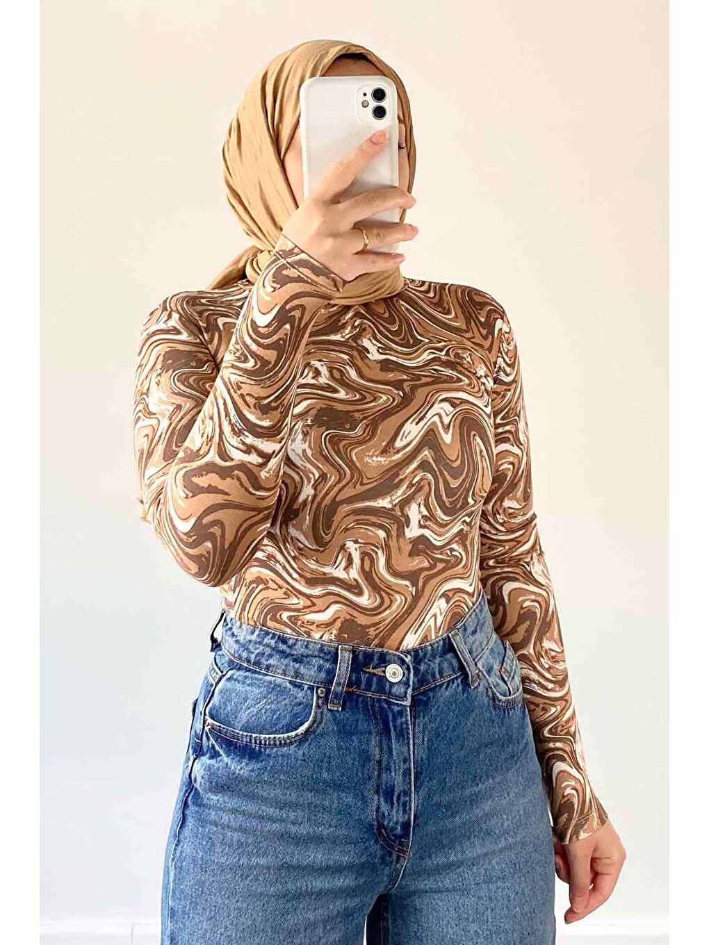 Bej Bisiklet Yaka Ebru Desenli Body Karemel-2