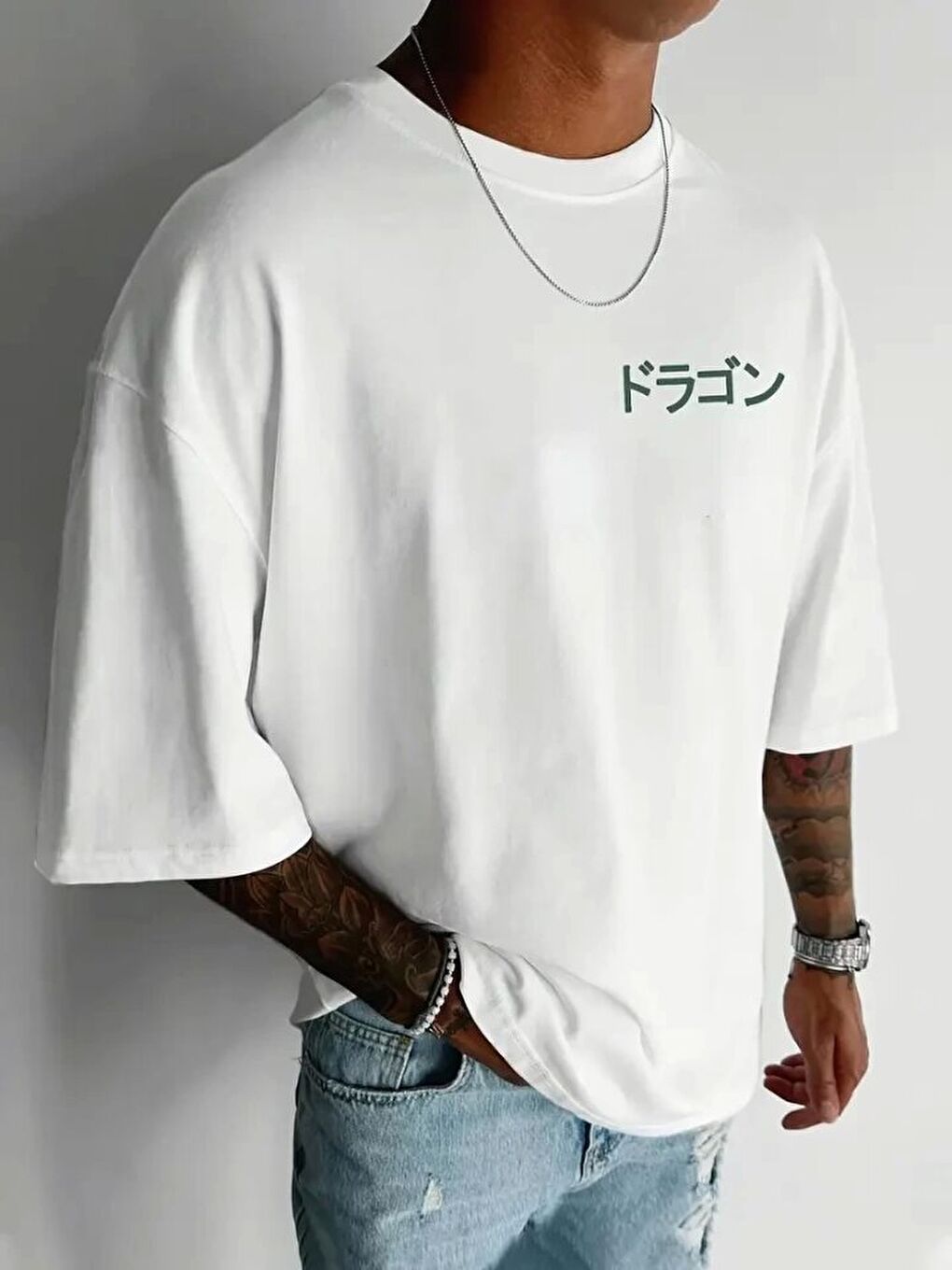 Baskılı Oversize Bisiklet Yaka T-shirt - Beyaz-2