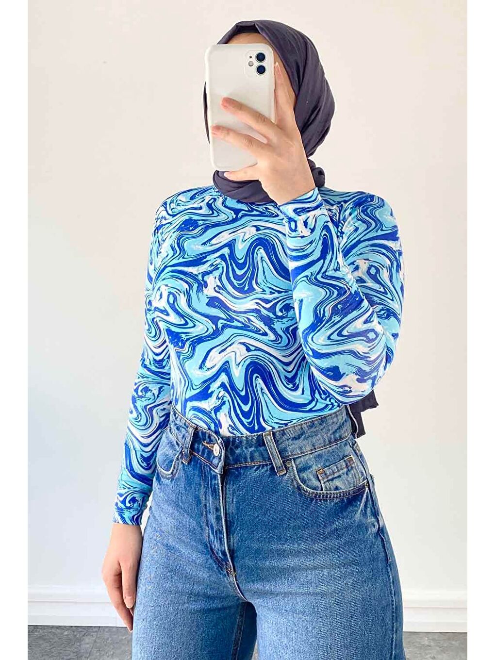 Bisiklet Yaka Ebru Desenli Body Mavi-3