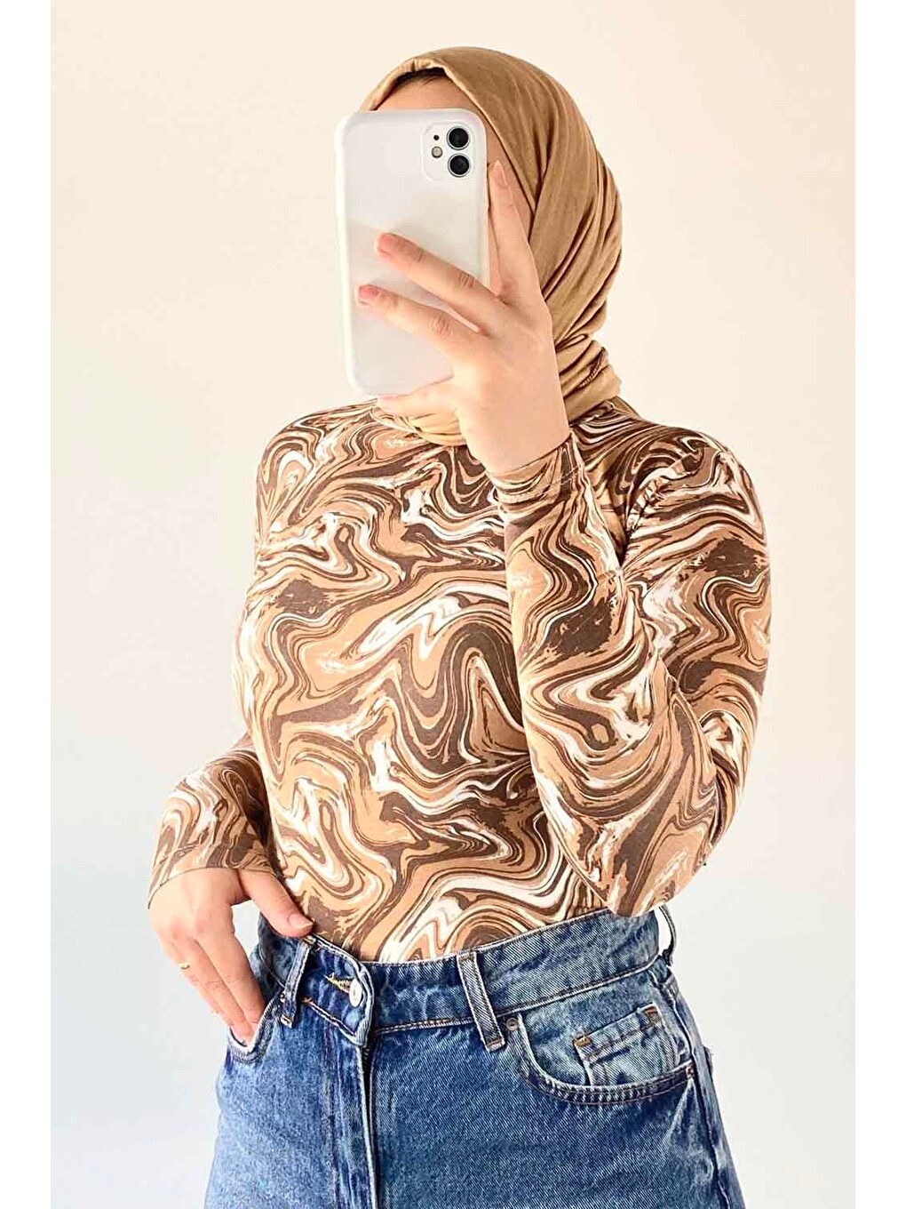 Bej Bisiklet Yaka Ebru Desenli Body Karemel-3