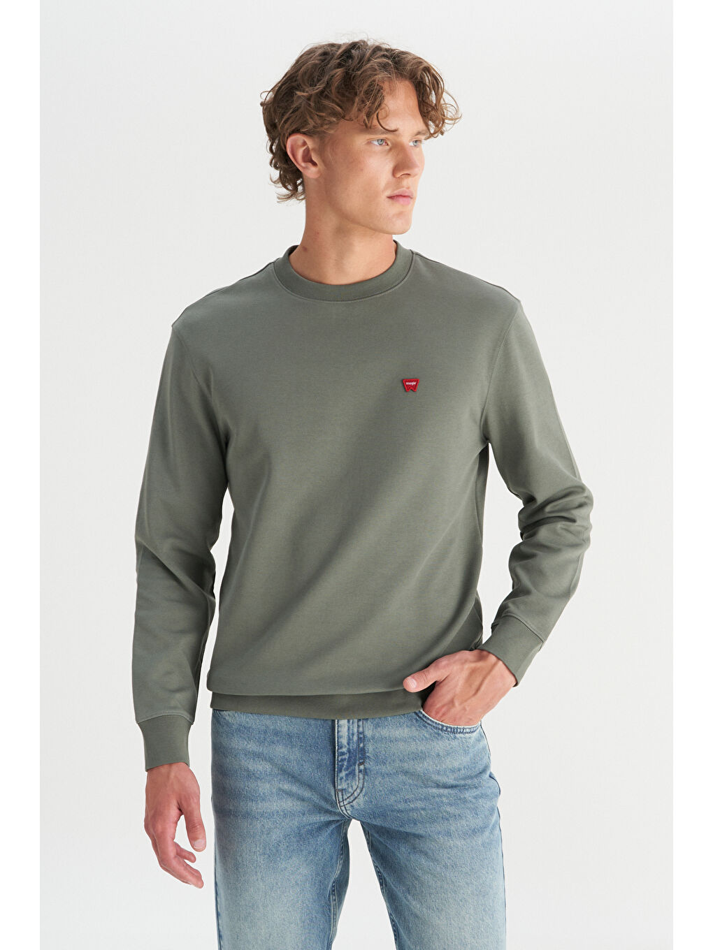 Haki Pamuklu Regular Fit Normal Kesim Bisiklet Yaka Logo Detaylı Sweatshirt-2