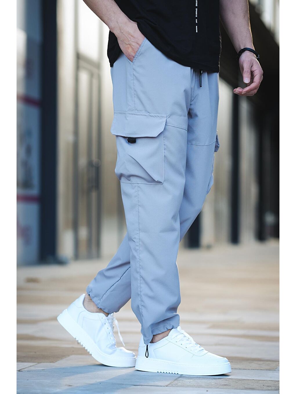 Gri Tiziano Kort Paraşüt Düz İpli Paça Kargo Cepli Erkek Eşofman Alt-1