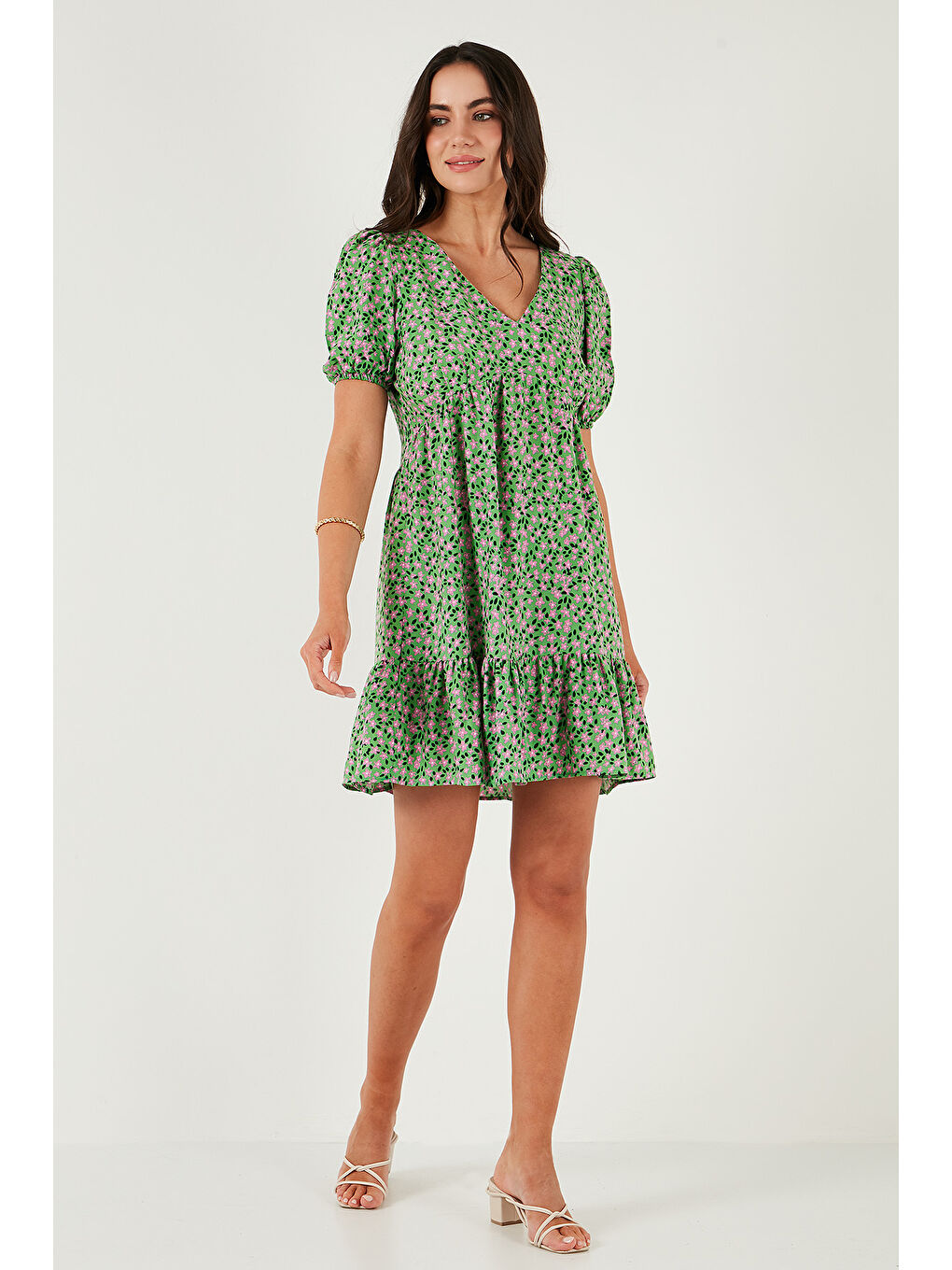 Yeşil Regular Fit V Yaka Balon Kol Desenli Mini Kadın Elbise 67810045-5