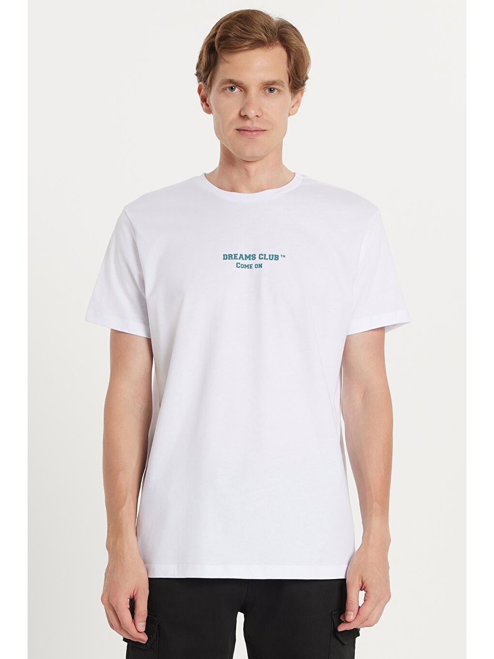 Erkek Slim Fit Dar Kesim %100 Pamuk Yumuşak Dokulu Baskılı Beyaz Bisiklet Yaka Tişört-1