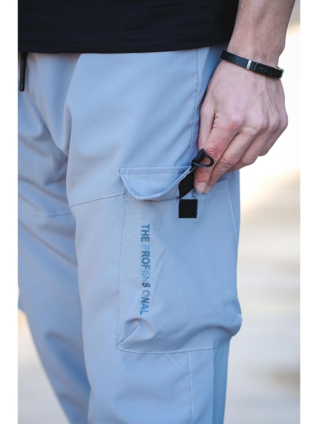 Gri Tiziano Kort Paraşüt Düz İpli Paça Kargo Cepli Erkek Eşofman Alt-2