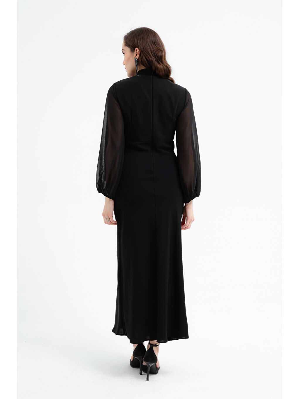 Kadın Siyah Şifon Garnili Elbise-4