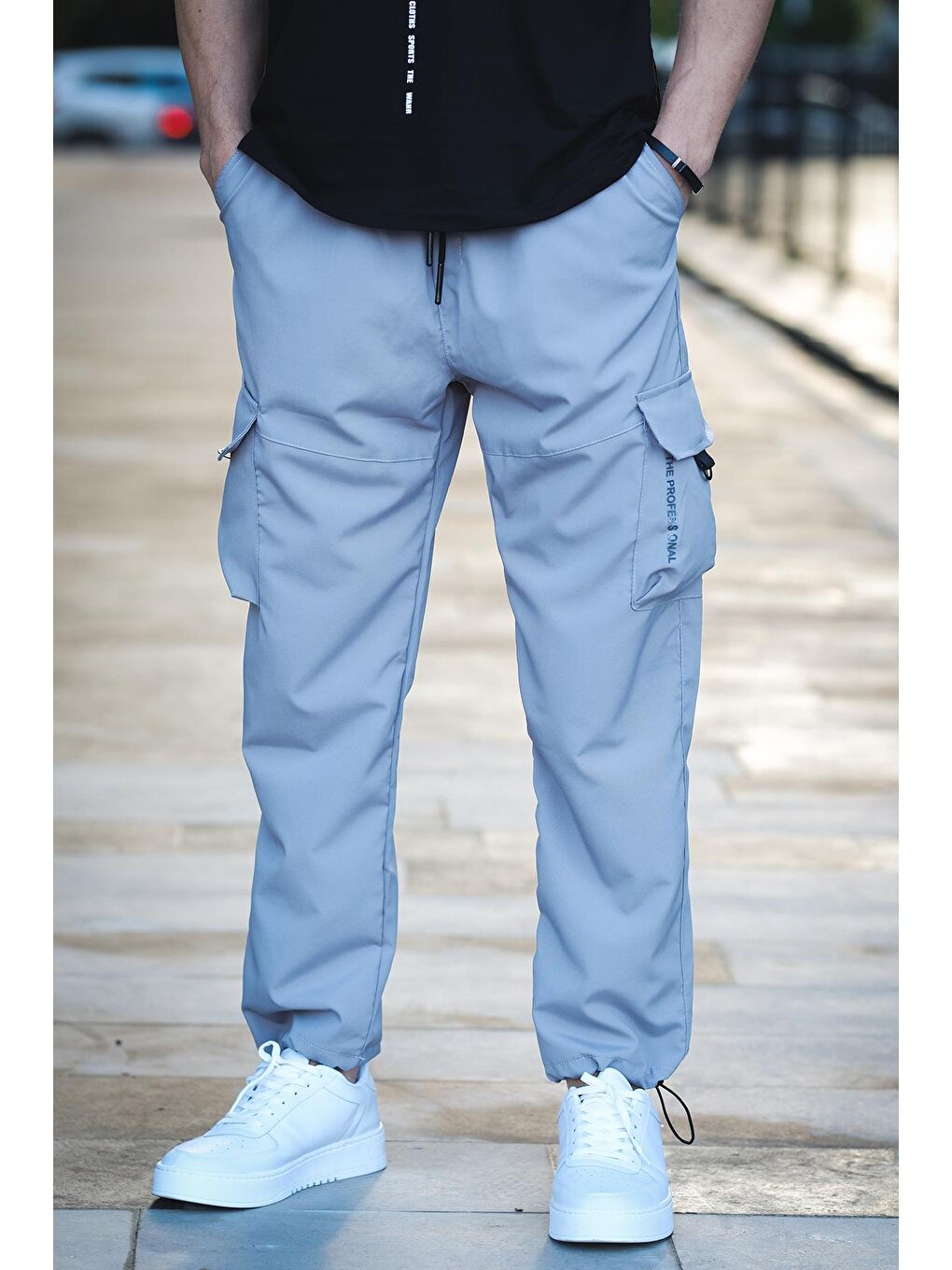 Gri Tiziano Kort Paraşüt Düz İpli Paça Kargo Cepli Erkek Eşofman Alt-3