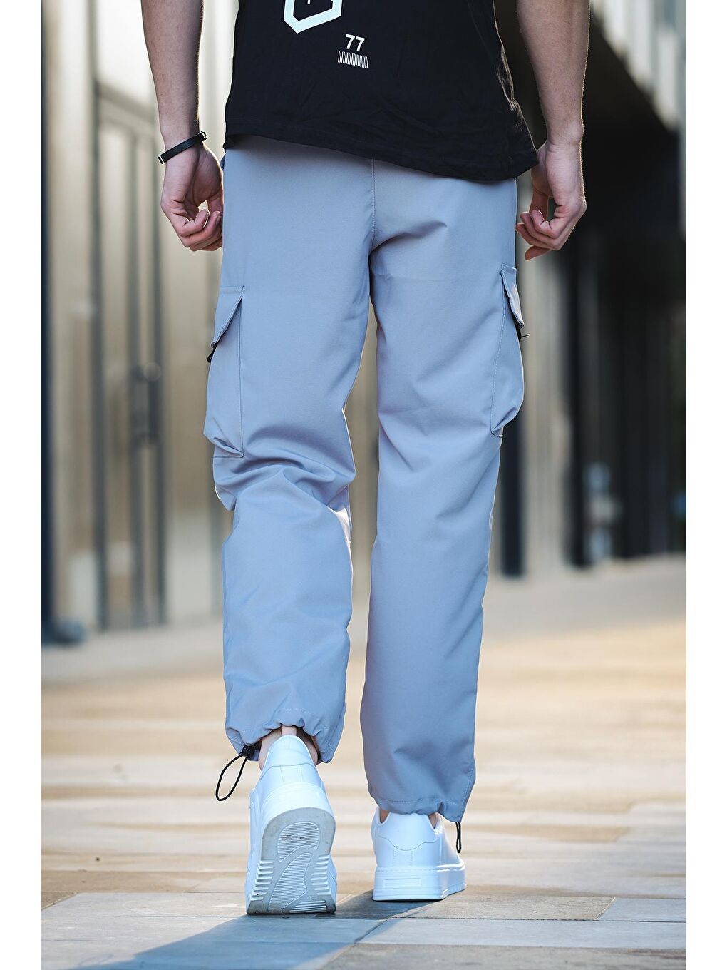 Gri Tiziano Kort Paraşüt Düz İpli Paça Kargo Cepli Erkek Eşofman Alt-4