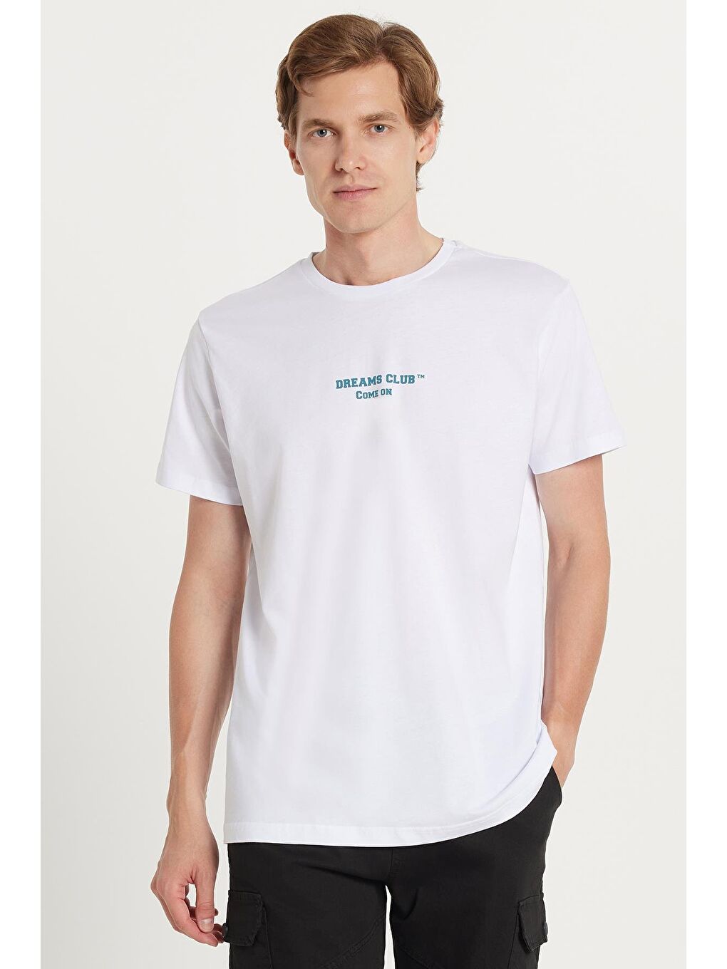 Erkek Slim Fit Dar Kesim %100 Pamuk Yumuşak Dokulu Baskılı Beyaz Bisiklet Yaka Tişört-3