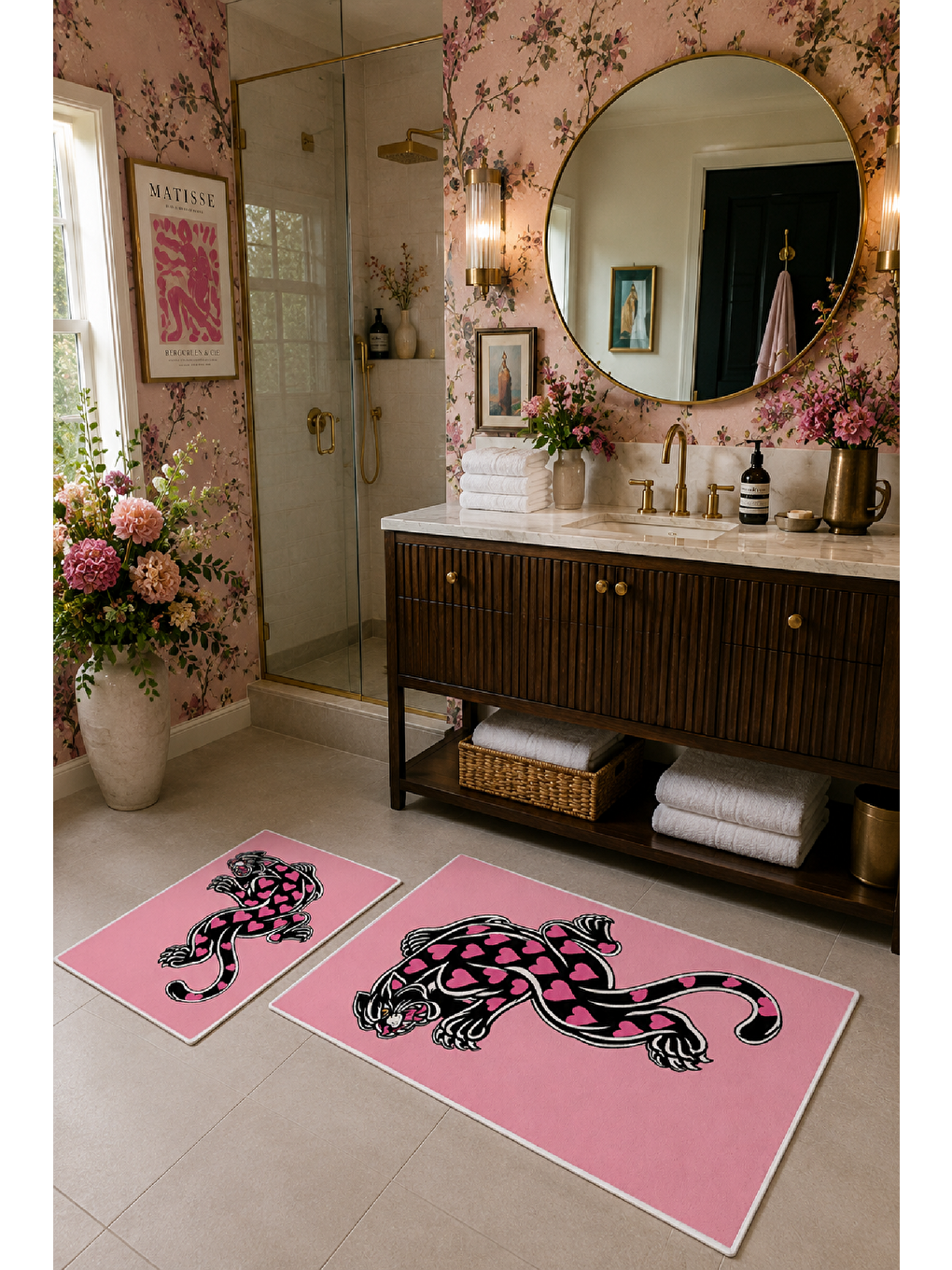 Pembe Leopar Desenli Kaymaz Taban Banyo Paspası 2’li Set-4
