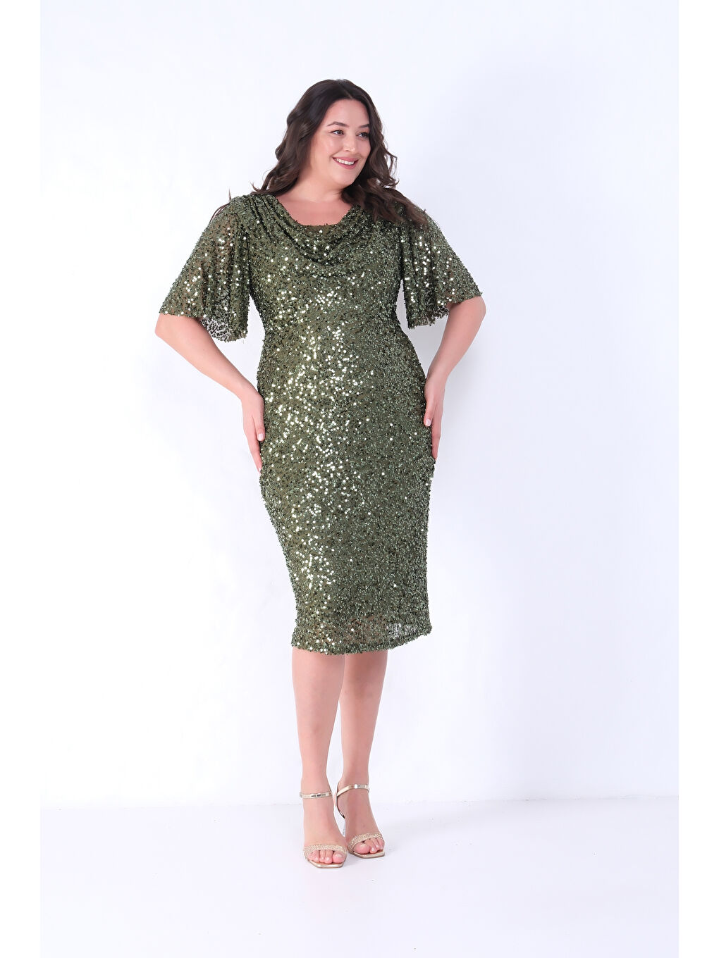 Kadın Haki Degaje Yaka Pul Payet Büyük Beden Abiye Elbise-1