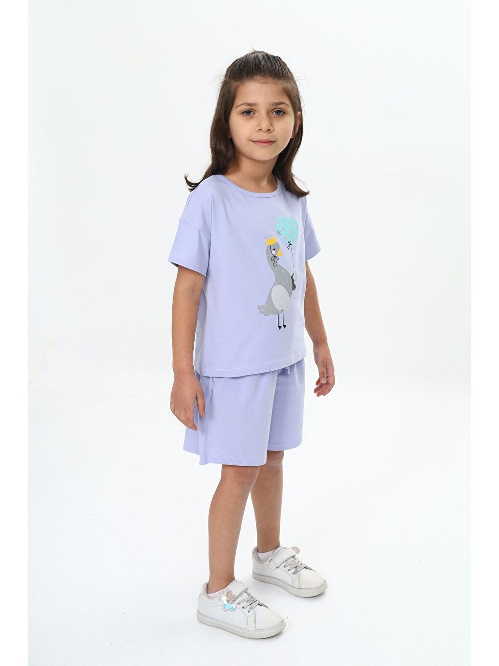 Lila Kız Çocuk Ördek Baskılı Şortlu Takım-3