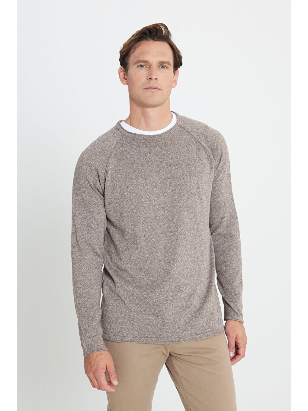 Kahverengi Erkek Kahve-Ekru Recycle Standart Fit Normal Kesim Bisiklet Yaka Pamuklu Muline Desenli Triko Kazak