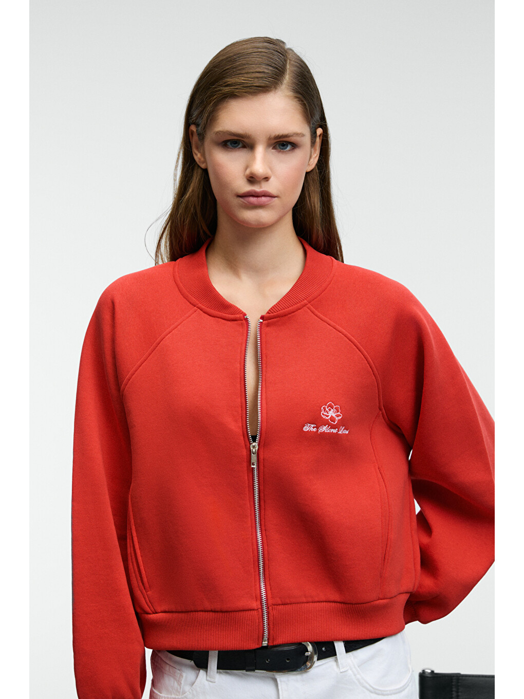 Yasvell Kadın Metal Fermuarlı Çift Cepli Nakış Detaylı Balon Kollu Bomber Kırmızı Sweatshirt-4