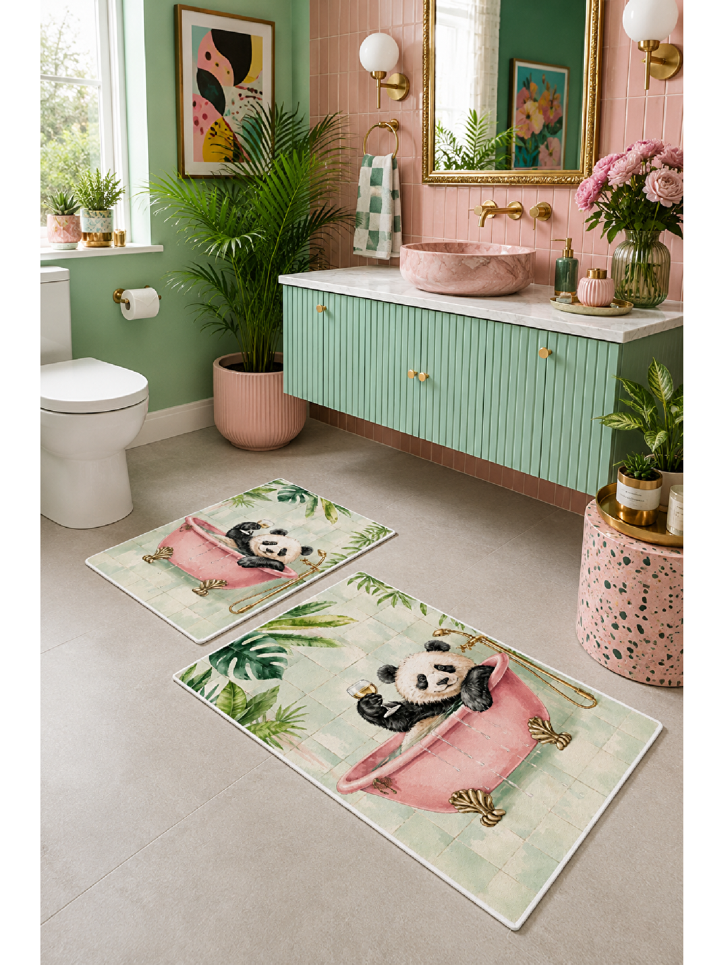 Beyaz Açık Yeşil Panda Desenli Kaymaz Taban Banyo Paspası 2’li Set-6
