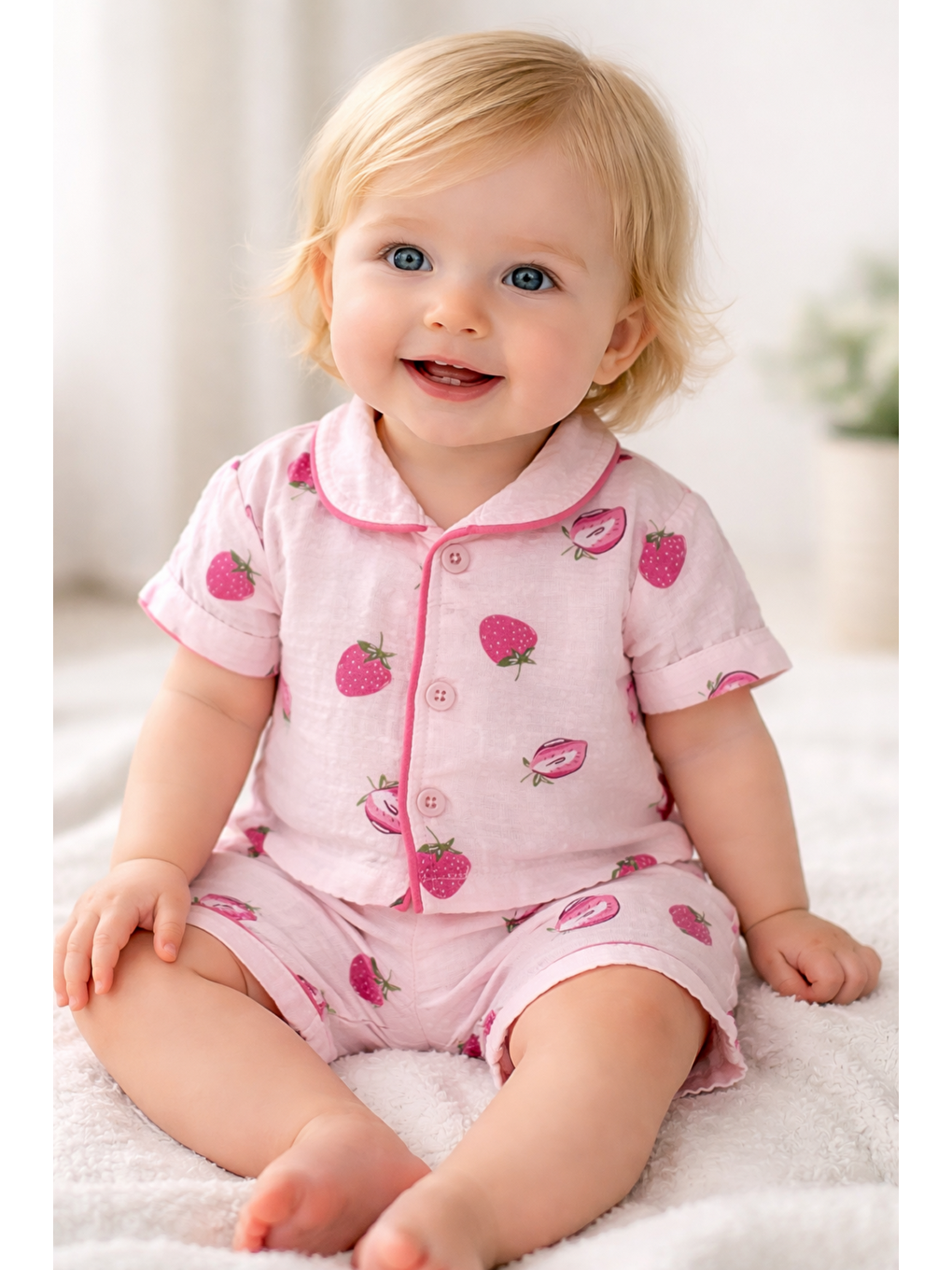 Pembe Kız Bebek Müslin Kumaş Alt-Üst Pijama Takımı 2li Takım Şortlu Yazlık-1