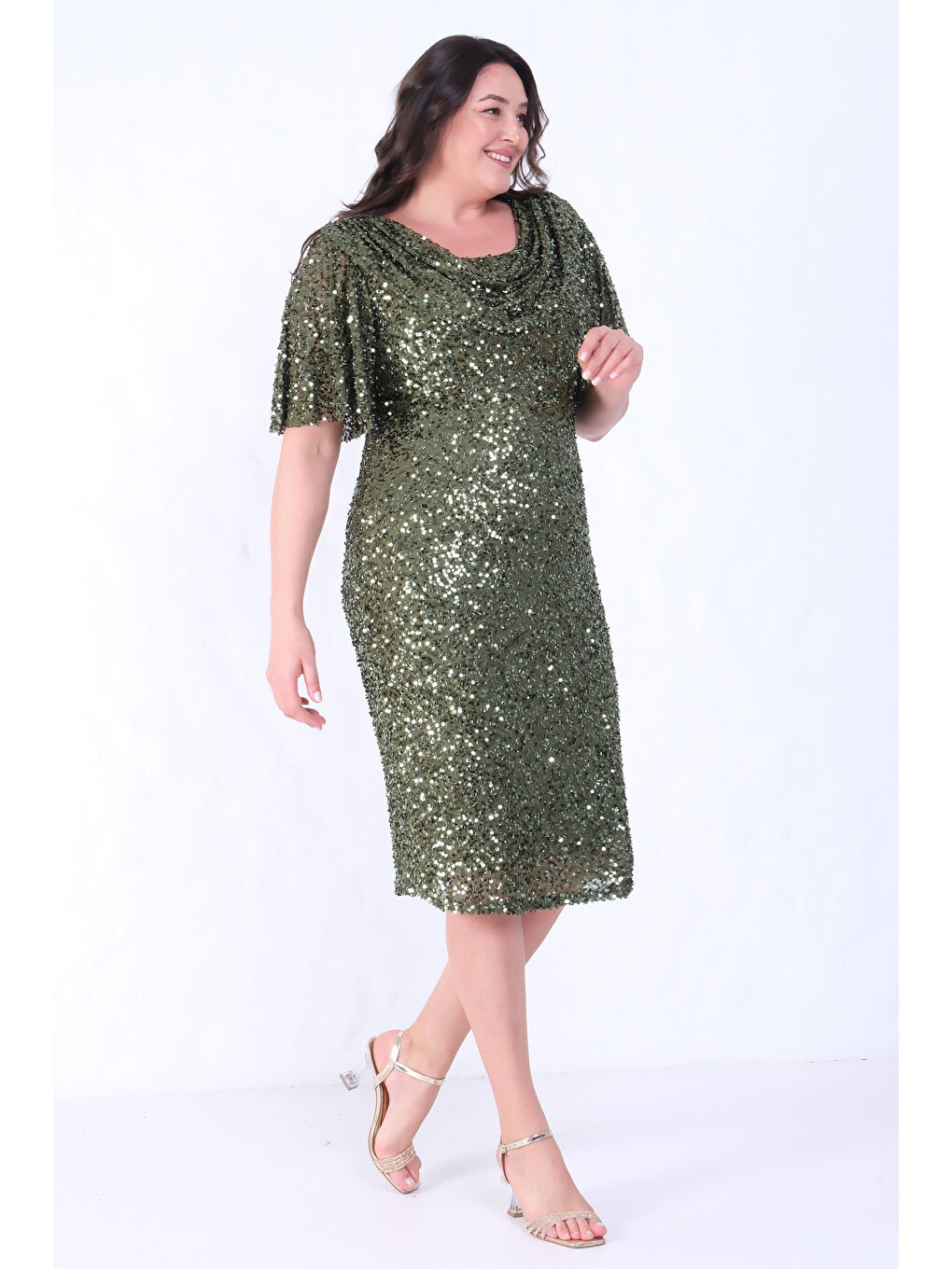 Kadın Haki Degaje Yaka Pul Payet Büyük Beden Abiye Elbise-2