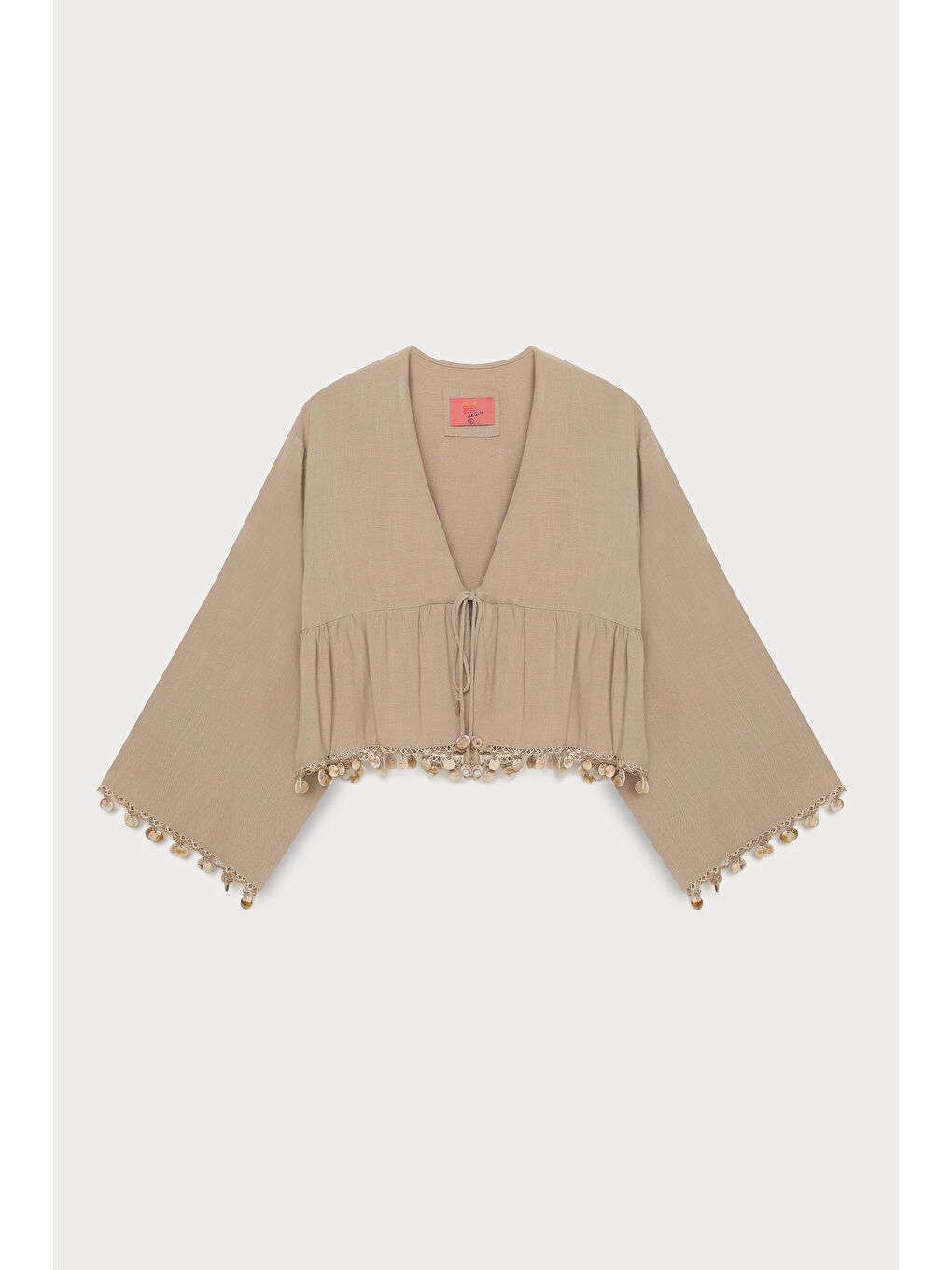 Midye Kabuk Aksesuarlı Bağlamalı Keten Bluz Koyu Bej-1