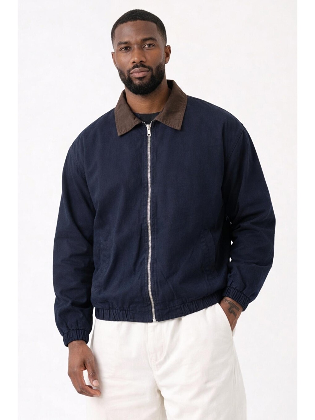 Lacivert Erkek Gabardin Ceket Oversize Polo Yaka Detaylı Rahat Kalıp Beli Lastikli-1