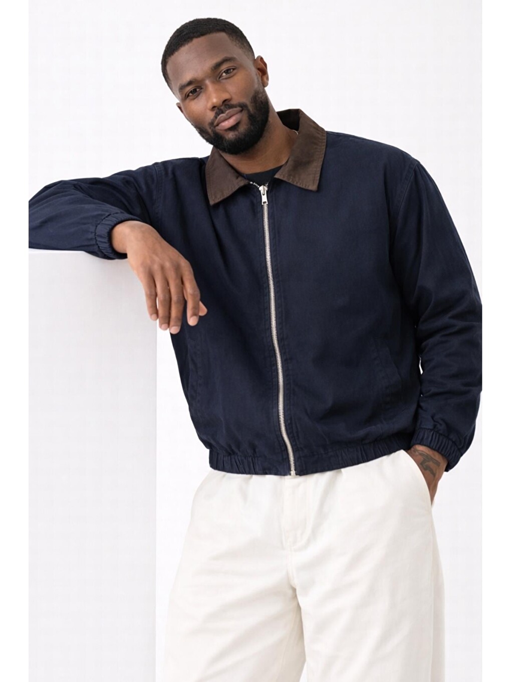 Lacivert Erkek Gabardin Ceket Oversize Polo Yaka Detaylı Rahat Kalıp Beli Lastikli-2