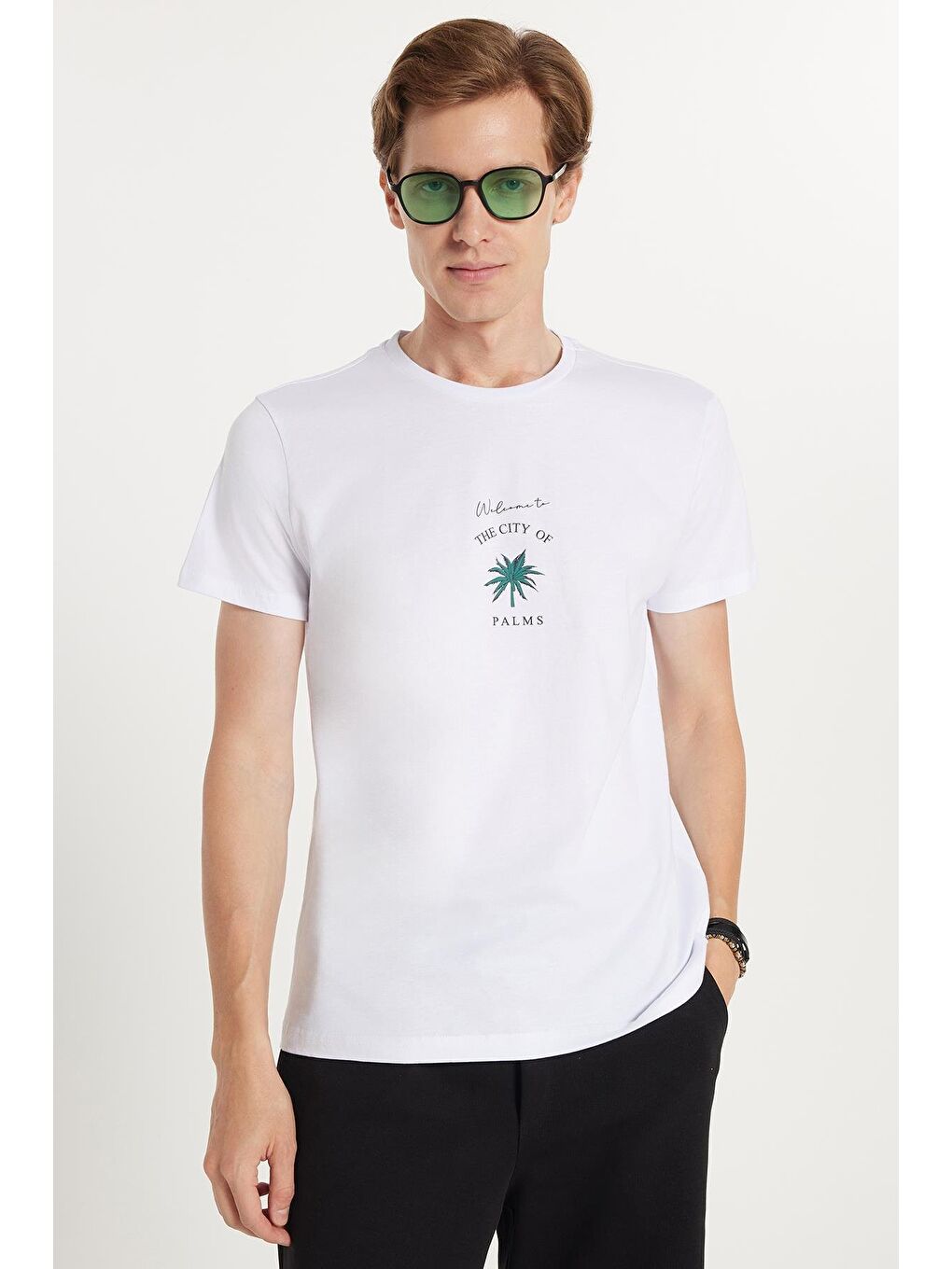 Erkek Slim Fit Dar Kesim %100 Pamuk Yumuşak Dokulu Baskılı Beyaz Bisiklet Yaka Tişört-3