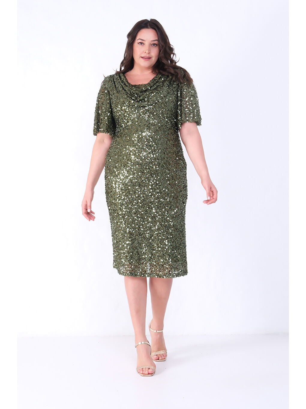 Kadın Haki Degaje Yaka Pul Payet Büyük Beden Abiye Elbise-3