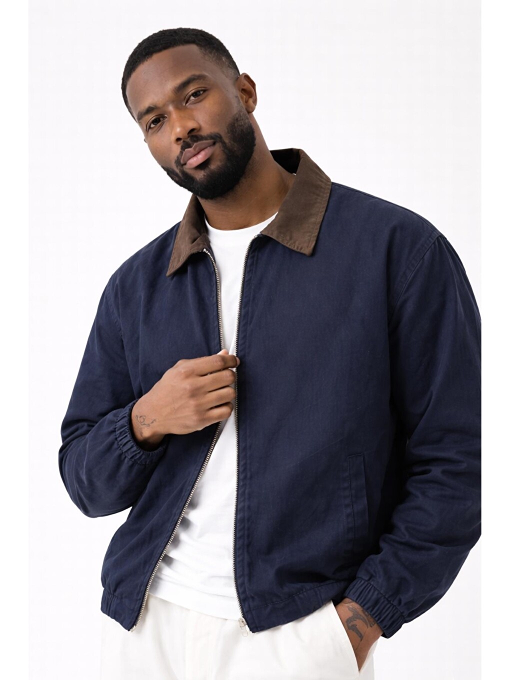 Lacivert Erkek Gabardin Ceket Oversize Polo Yaka Detaylı Rahat Kalıp Beli Lastikli-3