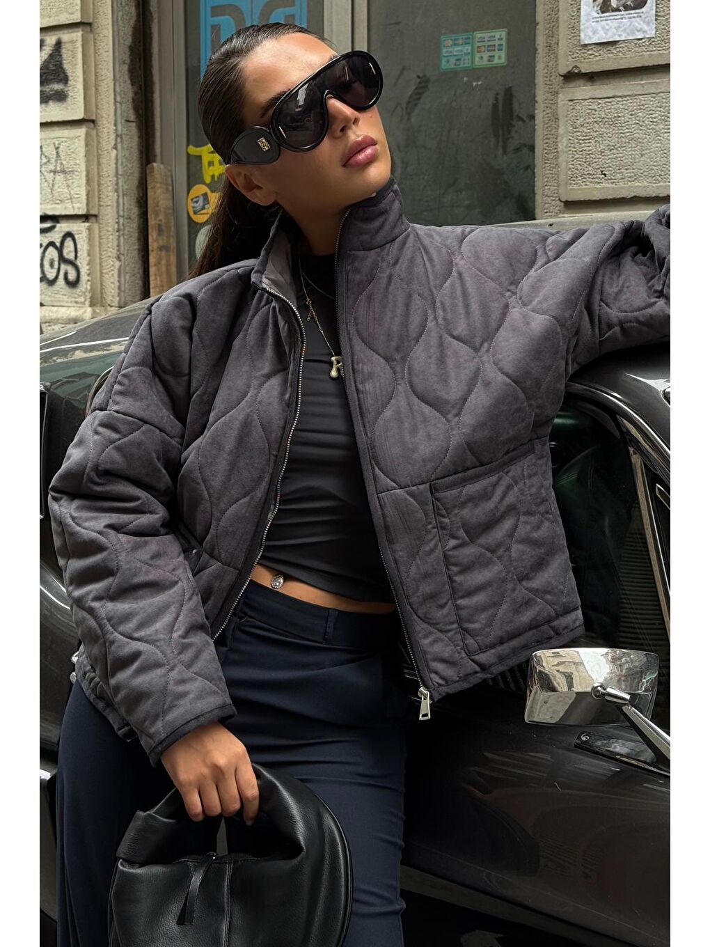 Gri Füme Dik Yaka Kapitone Kadın Mont Mg2568