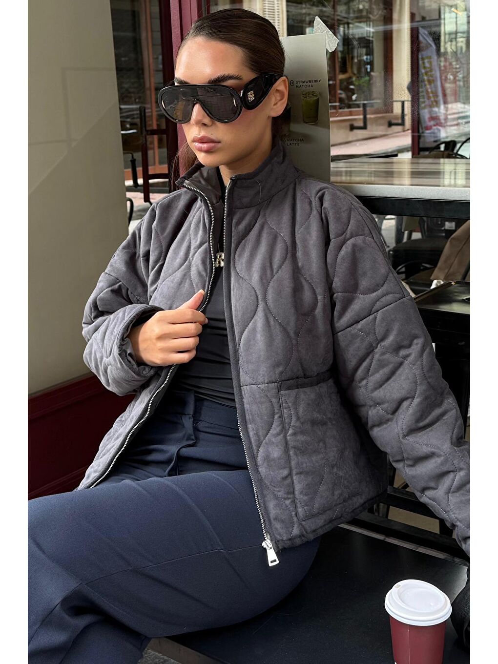 Gri Füme Dik Yaka Kapitone Kadın Mont Mg2568-1