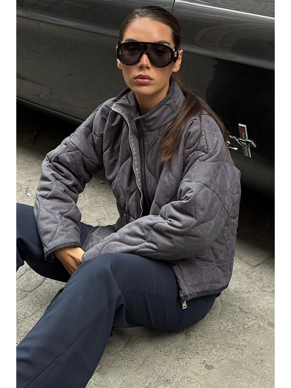 Gri Füme Dik Yaka Kapitone Kadın Mont Mg2568-2