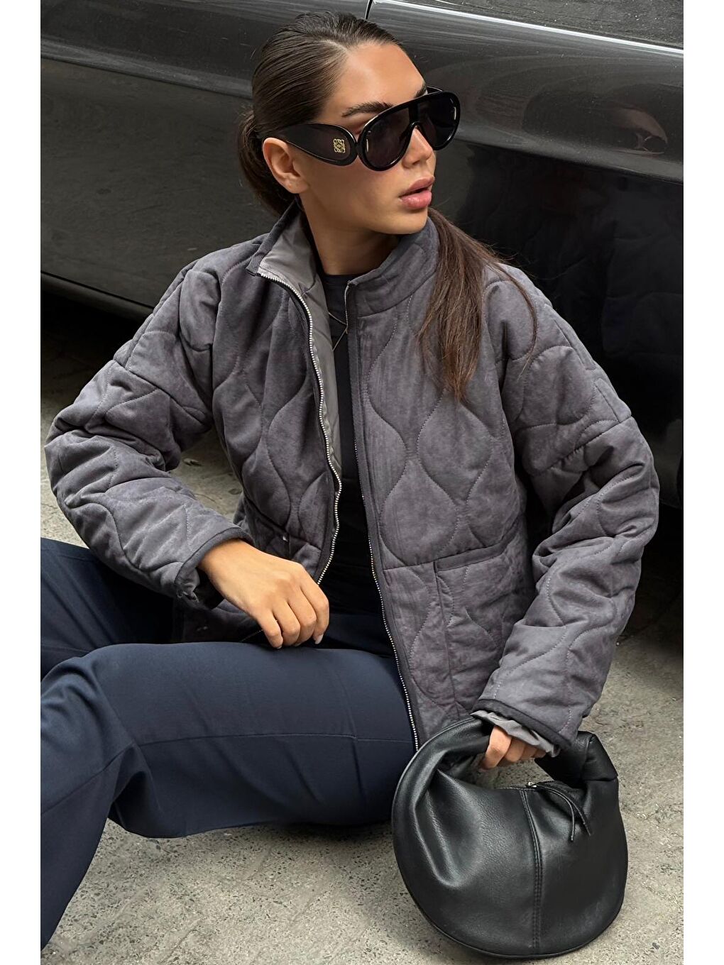 Gri Füme Dik Yaka Kapitone Kadın Mont Mg2568-3