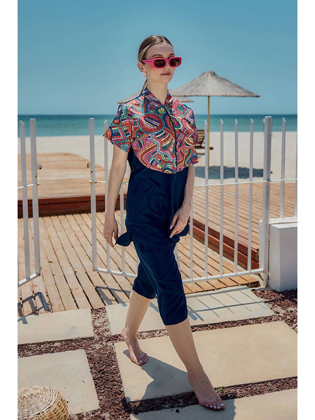 Siyah Önü Kapaklı Paraşüt Kısa Kollu Yarı Kapalı Mayo Nurel R2601-3