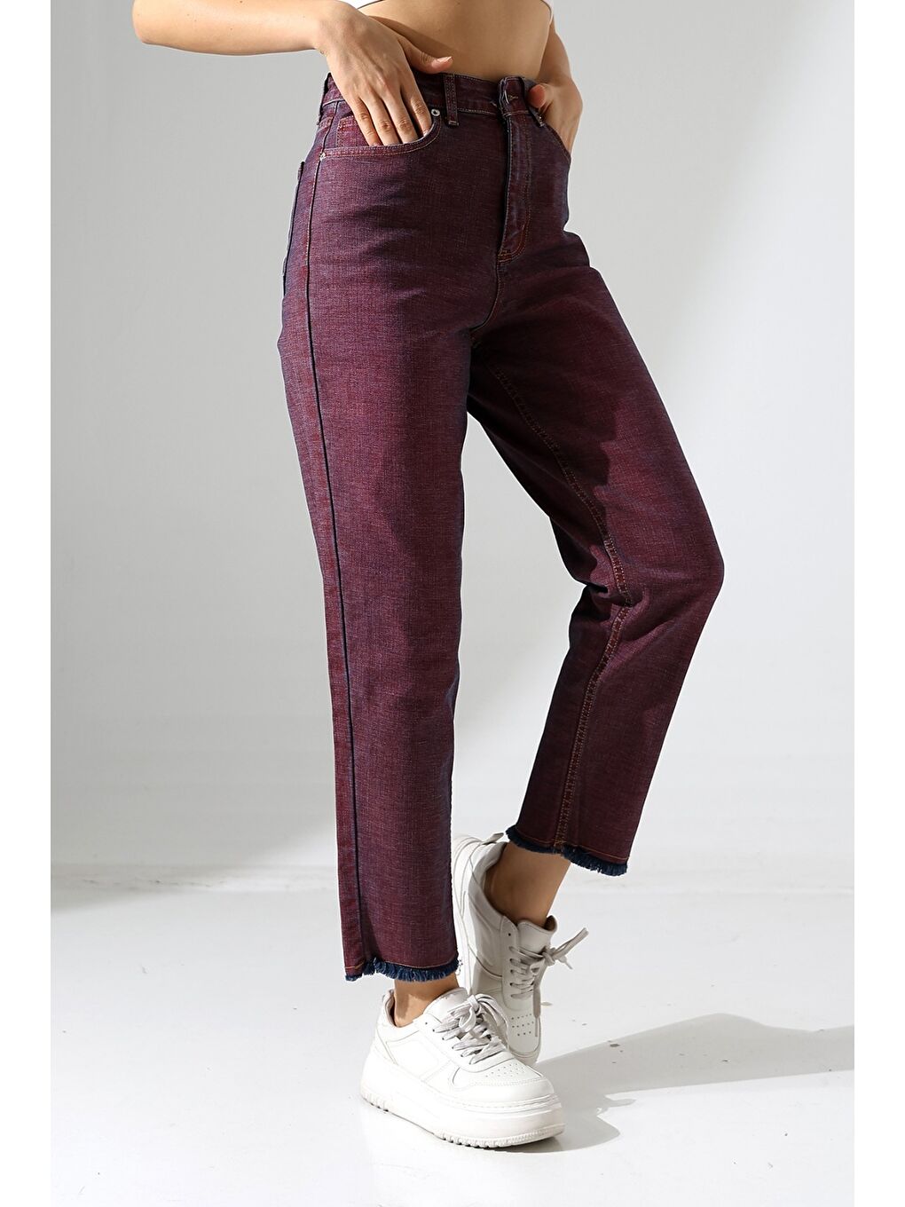 Eski Efektli Bordo Mom Fit Jean-1
