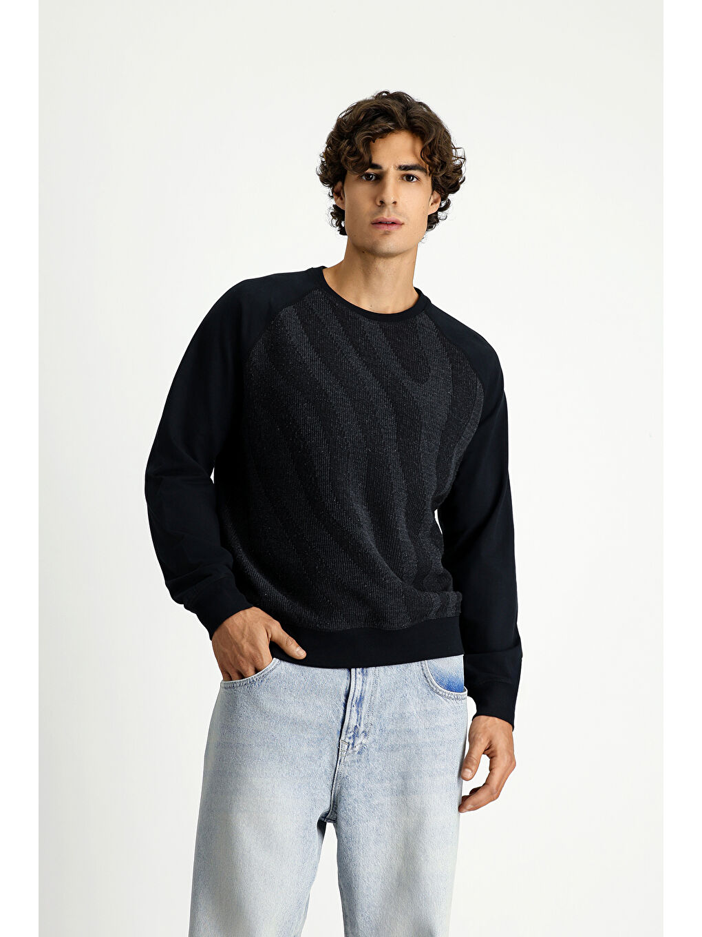 Siyah Bisiklet Yaka Regular Fit Desenli Pamuklu Sweatshirt