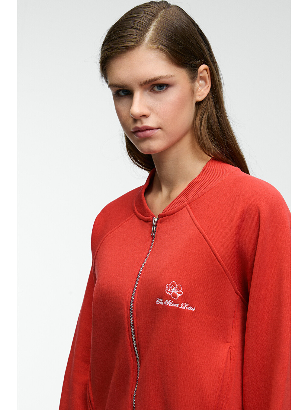 Yasvell Kadın Metal Fermuarlı Çift Cepli Nakış Detaylı Balon Kollu Bomber Kırmızı Sweatshirt-5