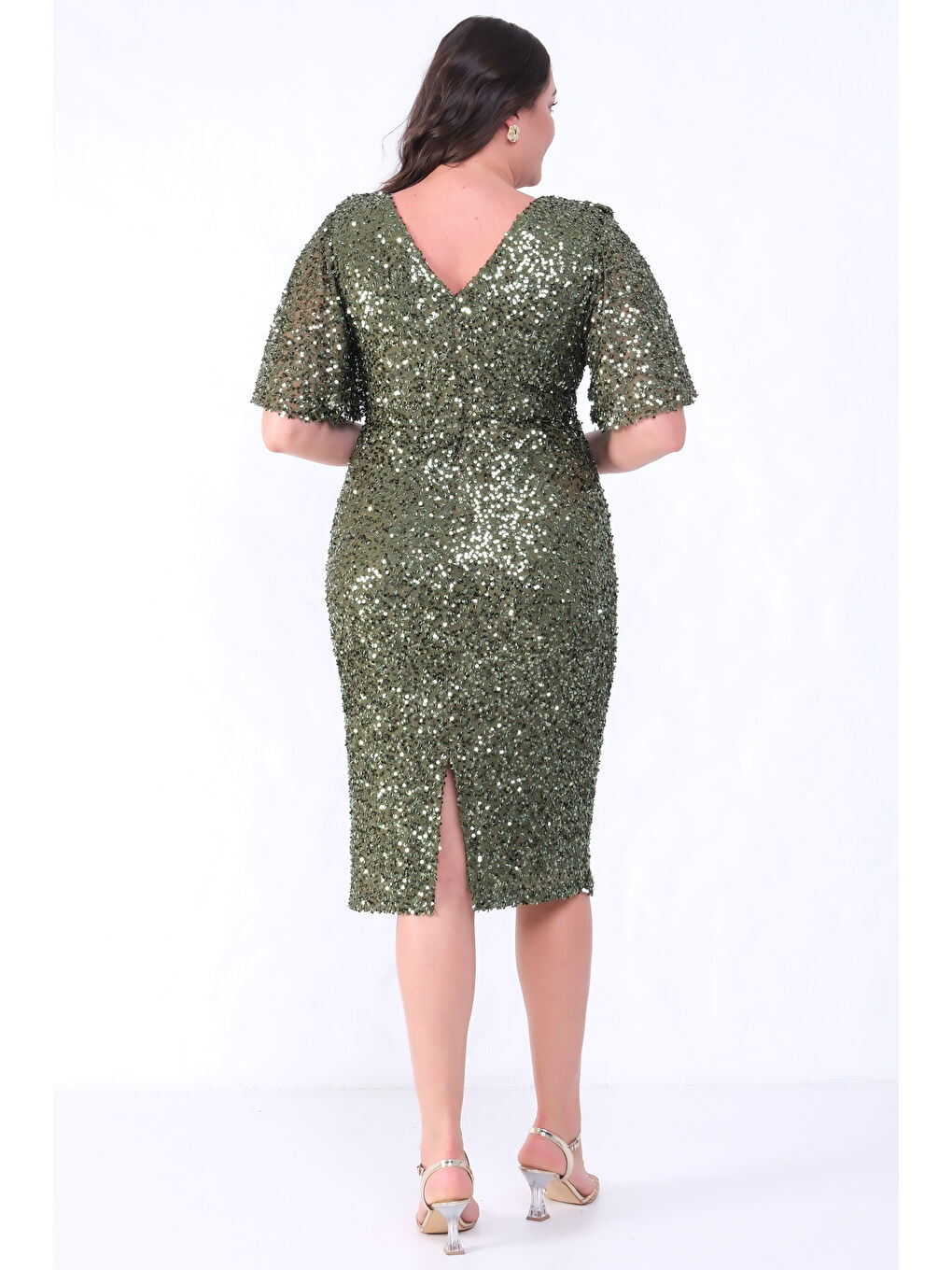 Kadın Haki Degaje Yaka Pul Payet Büyük Beden Abiye Elbise-5