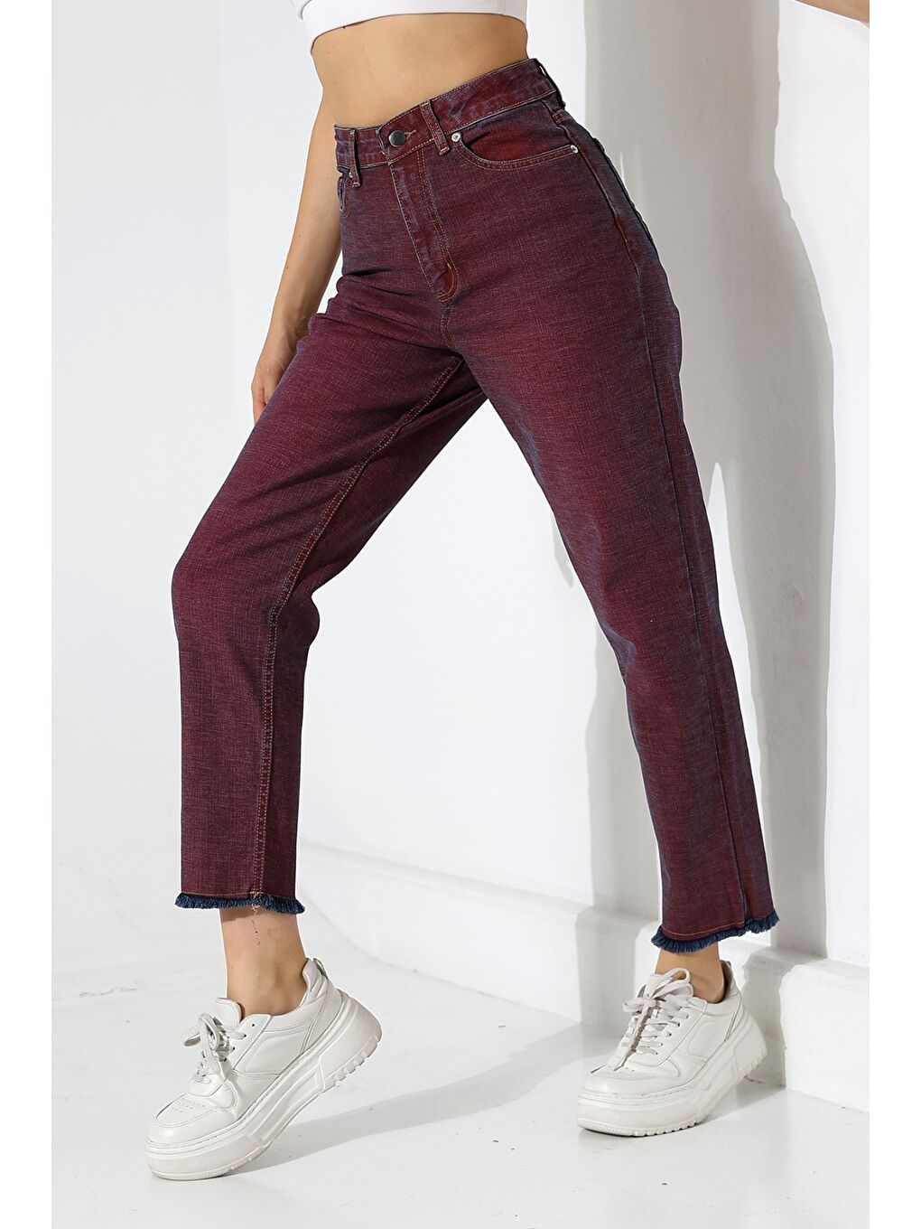 Eski Efektli Bordo Mom Fit Jean-2