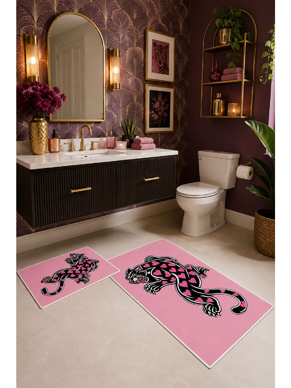 Pembe Leopar Desenli Kaymaz Taban Banyo Paspası 2’li Set-5