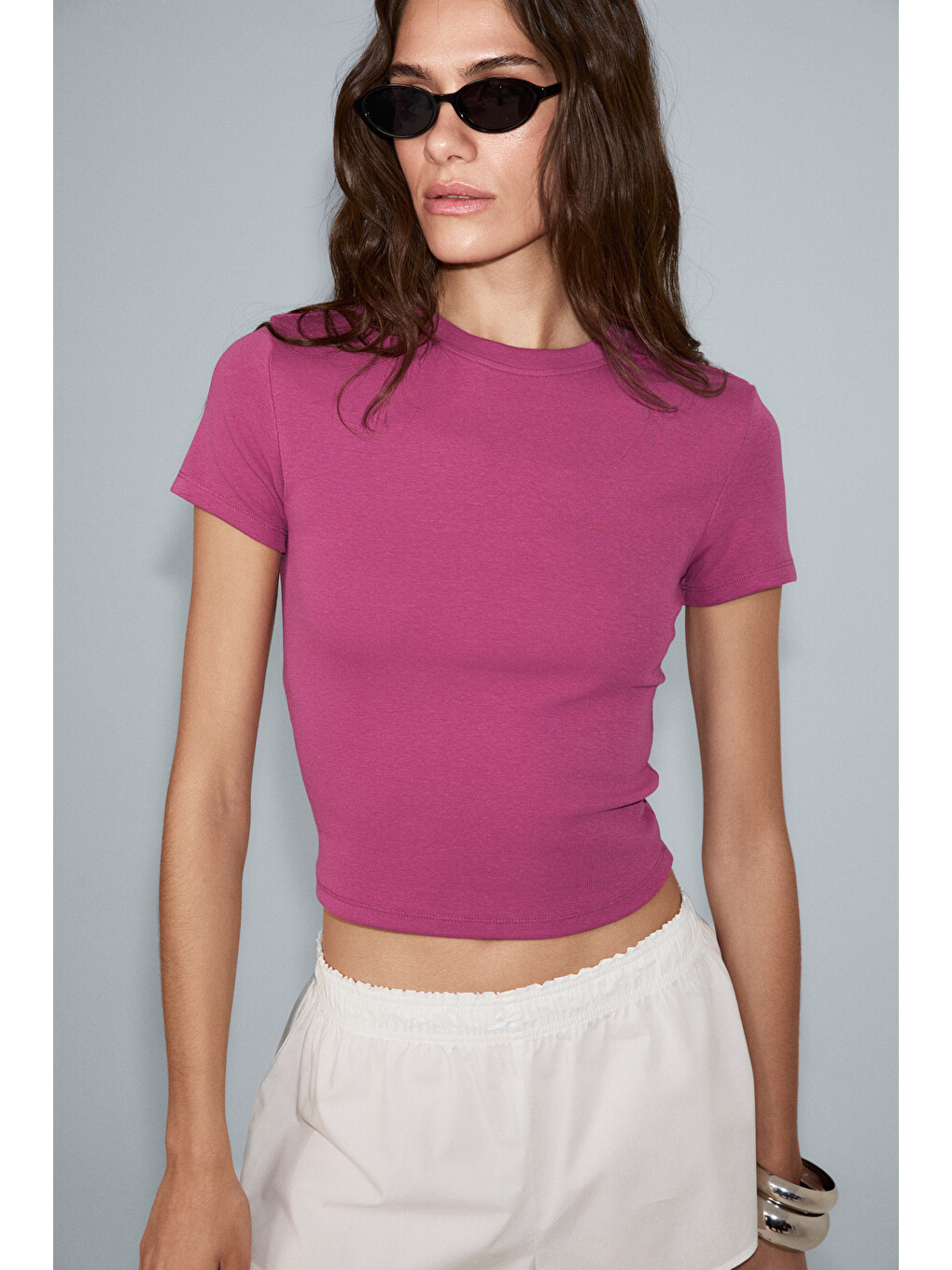 Zolen Kadın Yumuşak Ve Esnek Kumaşlı Organik Pamuklu Kısa Kollu Crop Fuşya T-shirt