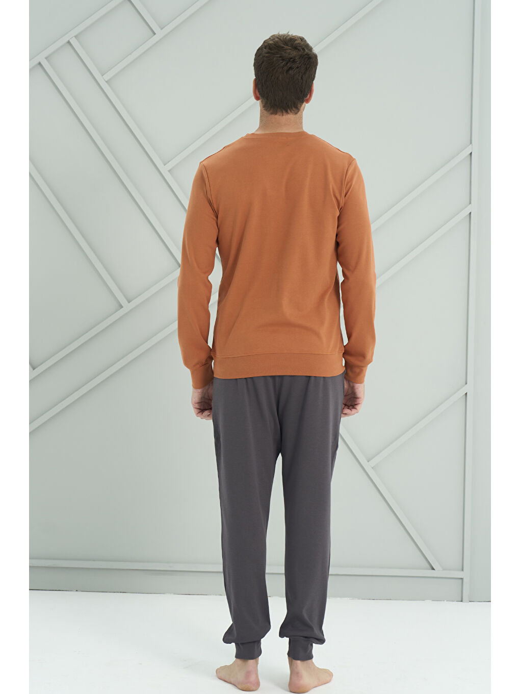 Kahverengi Erkek Interlok Penye Uzun Kol Pijama Takımı 2220 Kiremit-1