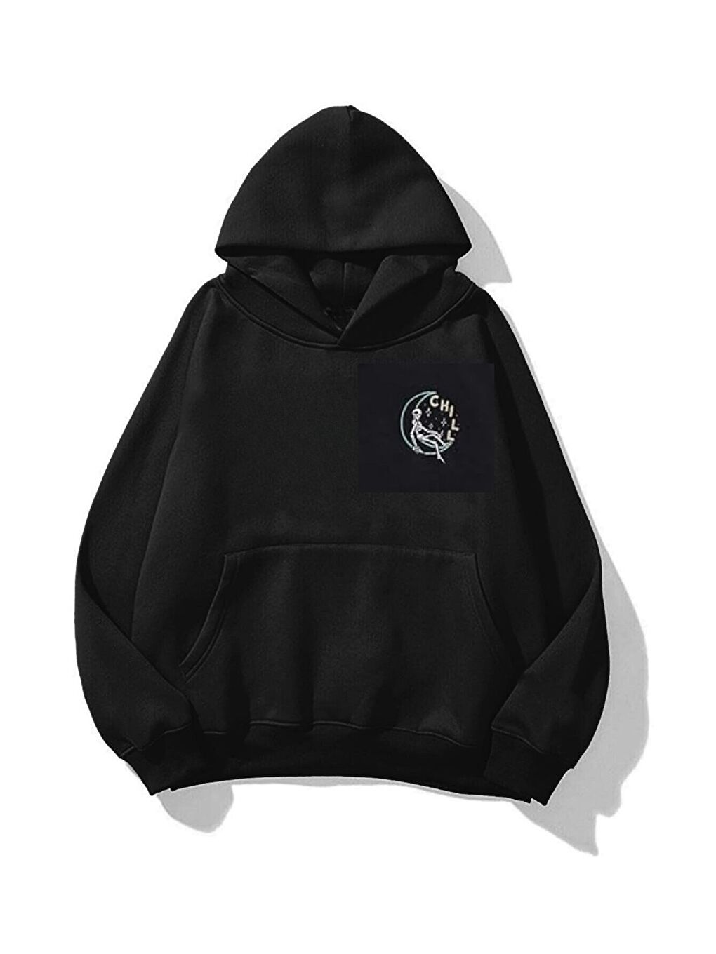 Kadın Siyah Chill Baskılı Oversize Kapüşonlu Sweatshirt Hoodie