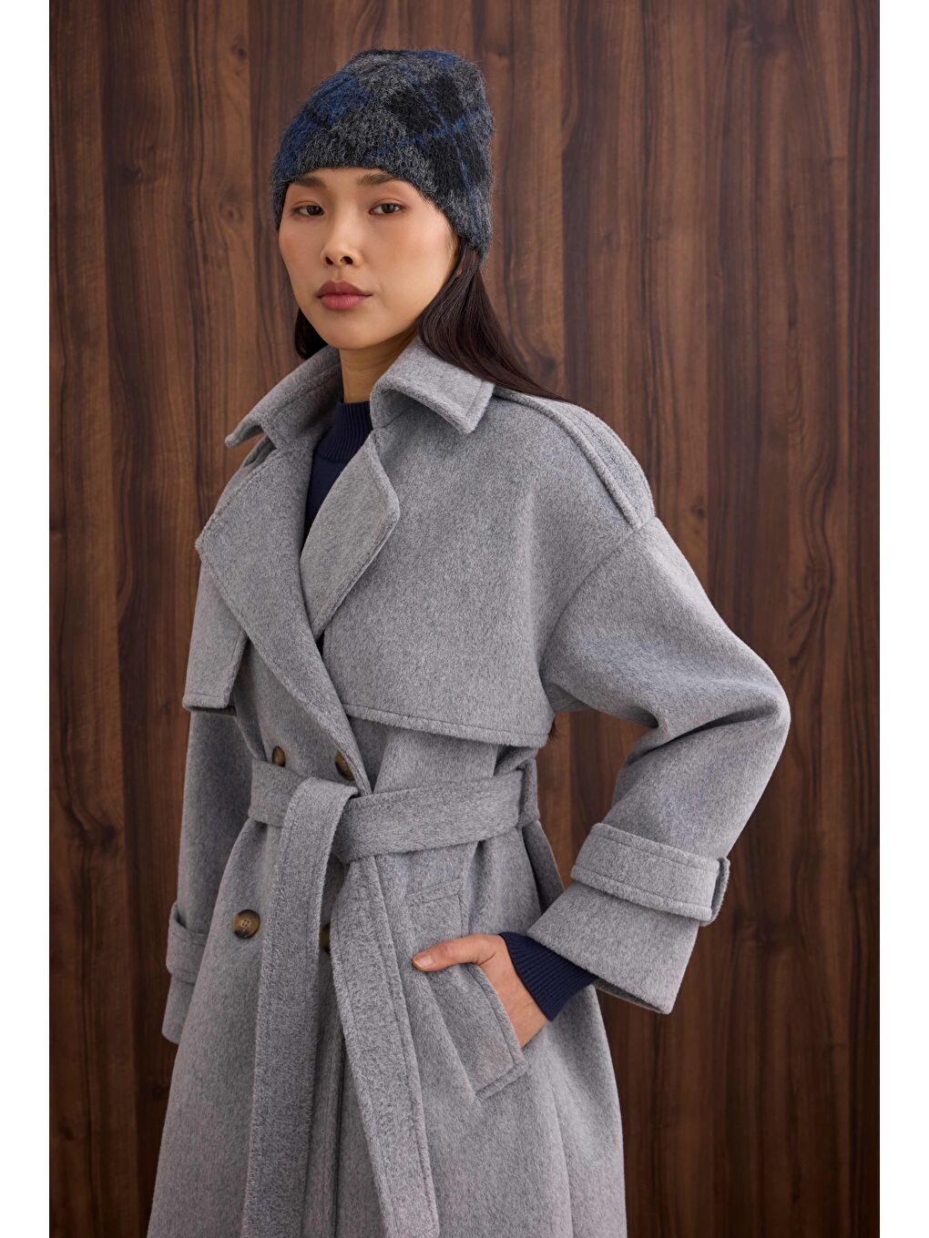 Rüzgarlıklı Uzun Kaban Gri Melanj-1