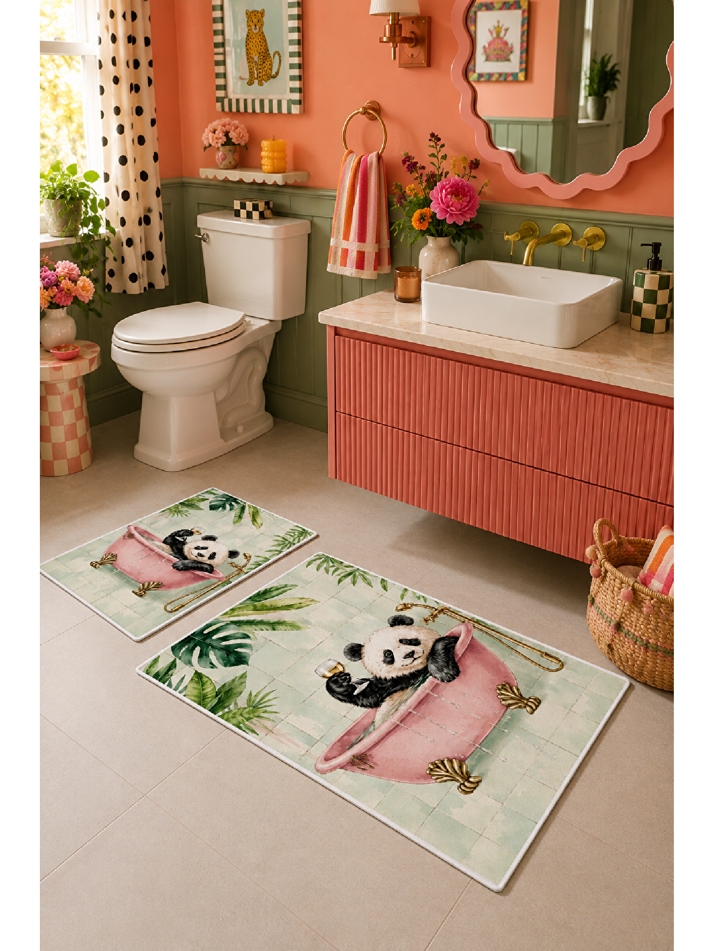 Beyaz Açık Yeşil Panda Desenli Kaymaz Taban Banyo Paspası 2’li Set-7