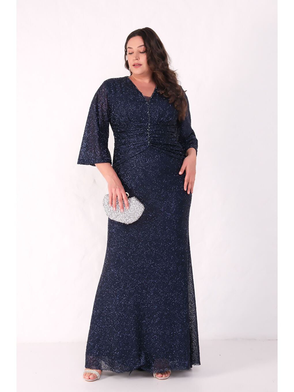 Kadın Lacivert V Yaka Boncuklu Büyük Beden Abiye Elbise-2