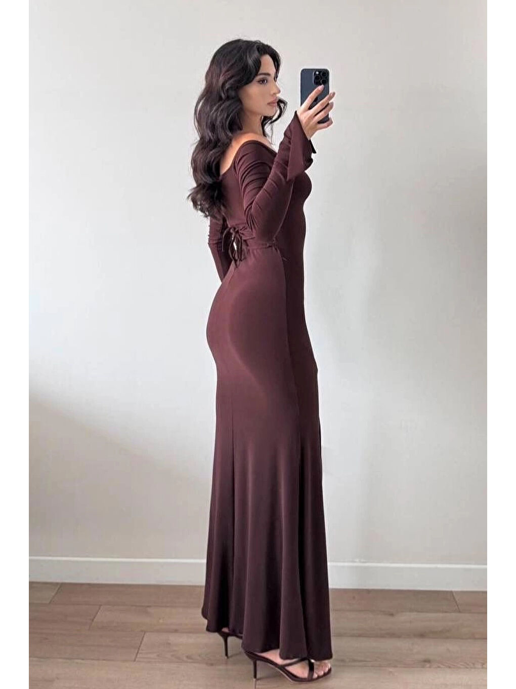 Kahverengi Kadın Kahve Yırtmaçlı Uzun Elbise 1041-2465-1