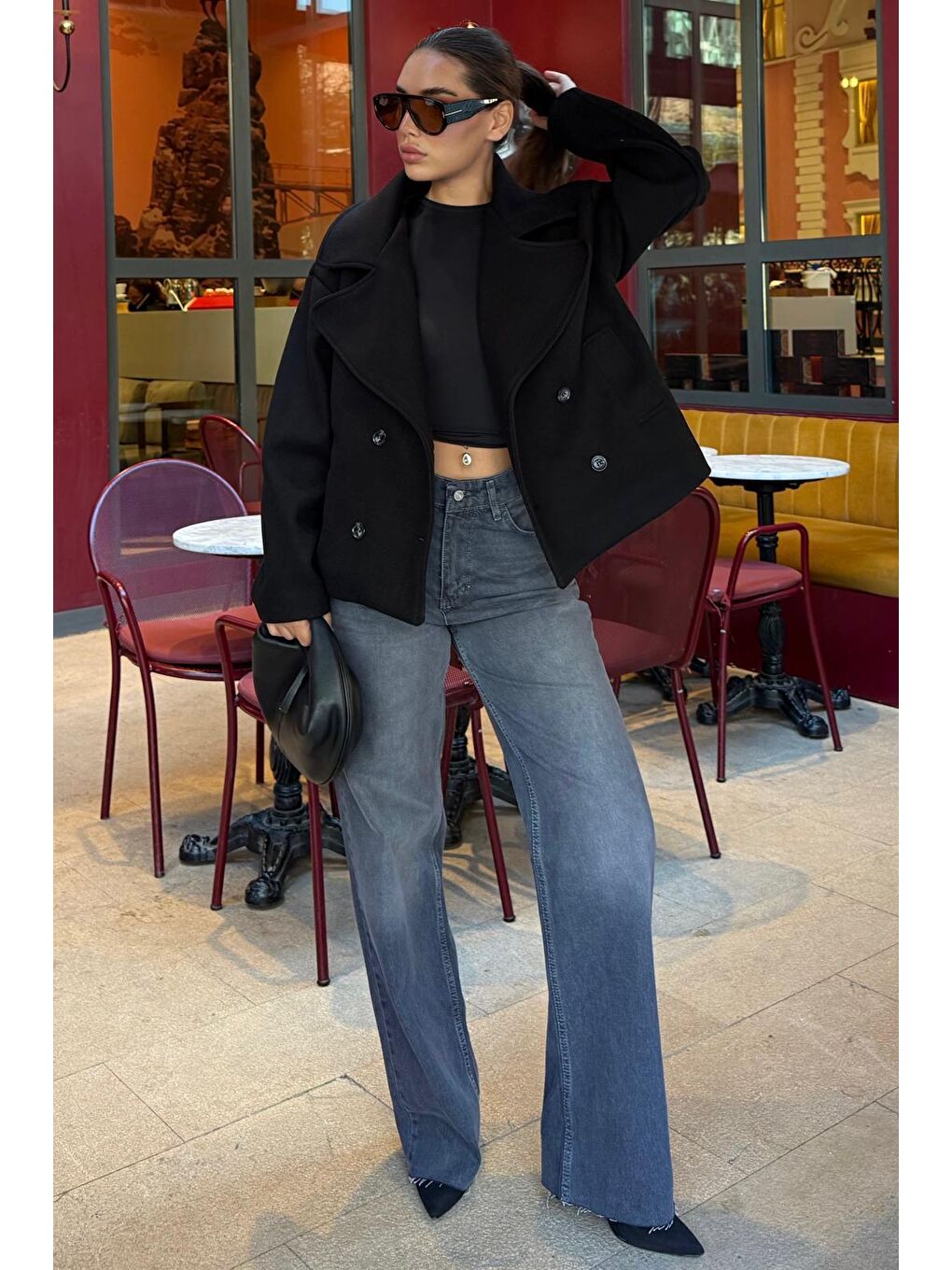 Siyah Kısa Kaşe Kadın Kaban Mg2544-8