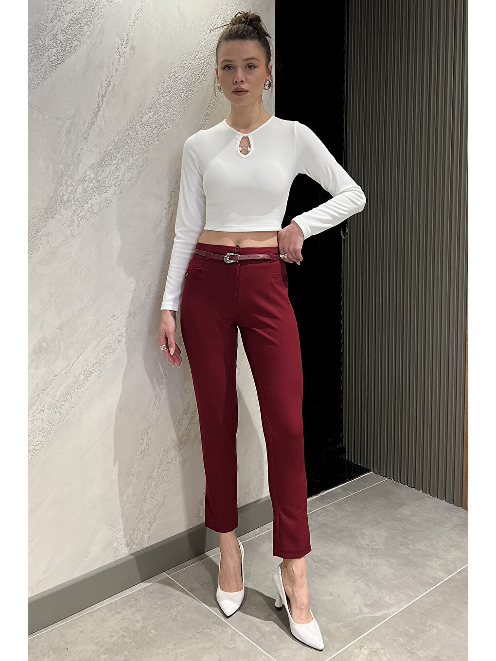 Bordo Kadın Kemerli Kumaş Pantolon
